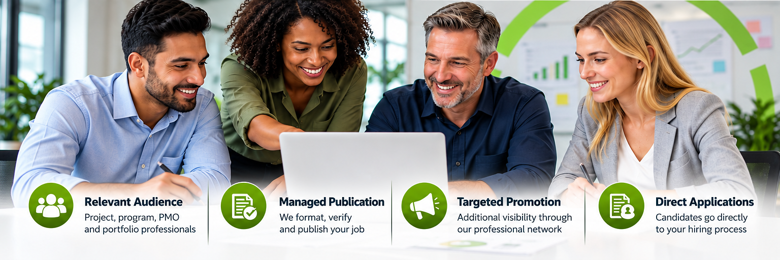 PMWorld360 Jobs employer benefits including a relevant project management audience, managed publication, targeted promotion and direct applications.